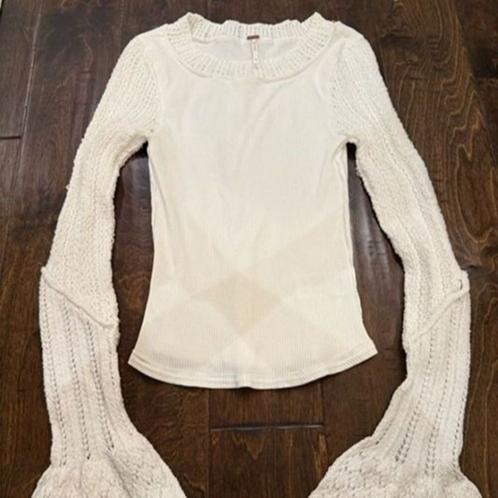 Free People Cuffing Season White Crochet Knit Long Sleeve Top size Small Boho
